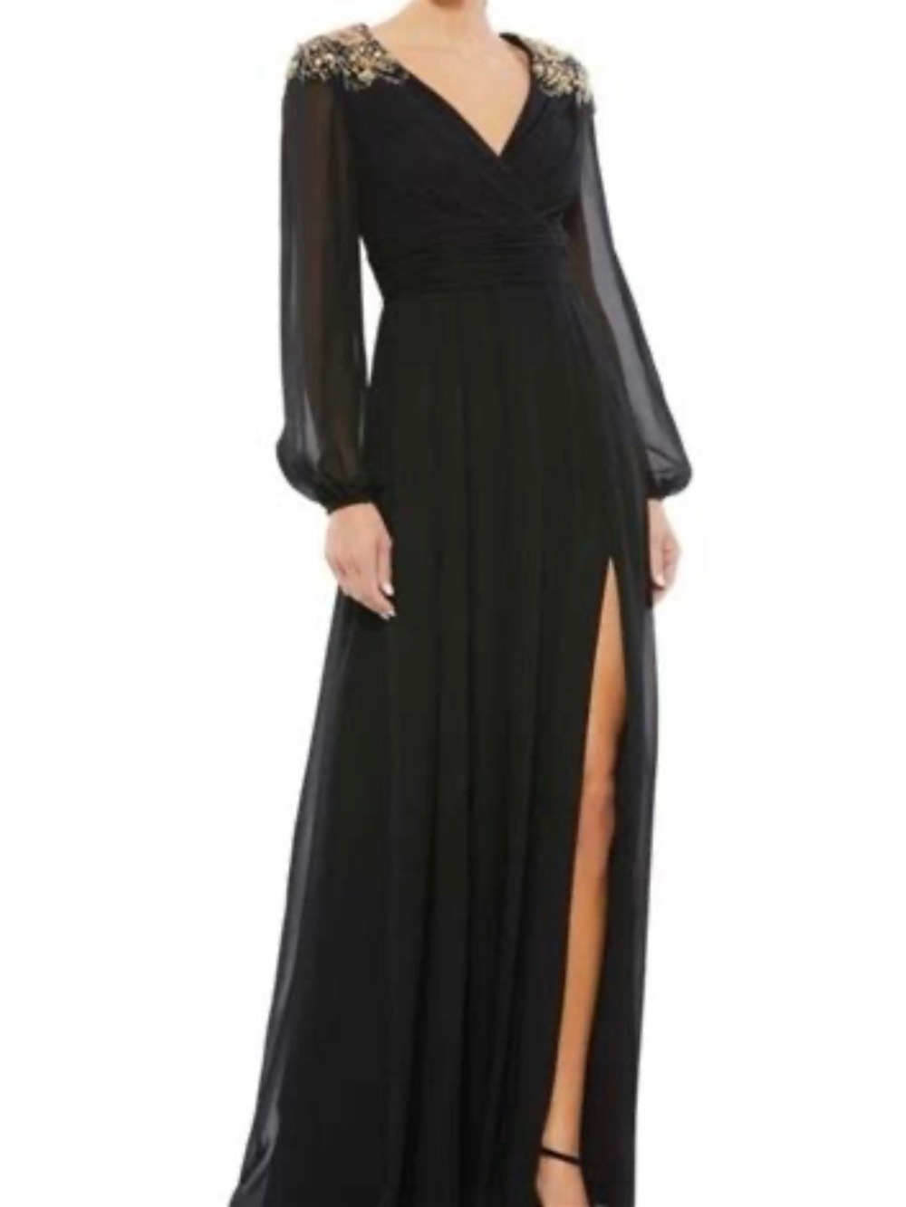 Black Long-Sleeve Embellished Shoulder Evening Dress